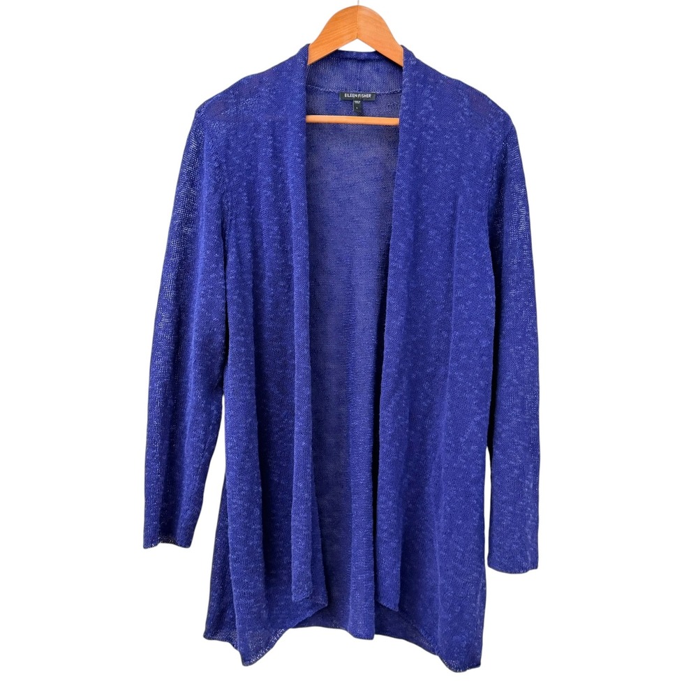 Eileen Fisher Cardigan Women L Blue Linen Blend Open Knit Sheer Layering Sweater